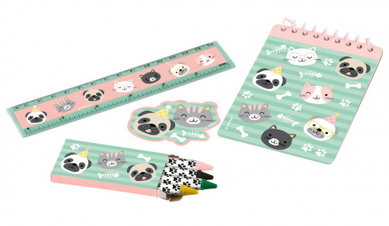 Amscan schrijfset hello pets papier groen/roze 4 delig