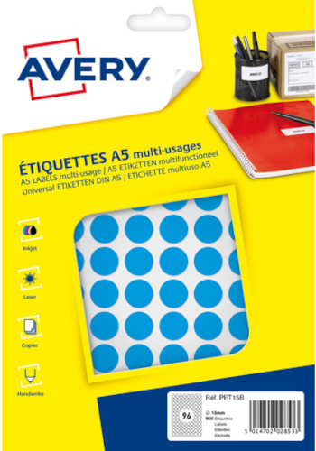 Avery etikety okrúhle 15 mm papierové modré 960 ks