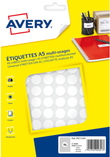 Avery etikety okrúhle 15 mm papierové biele 168 ks
