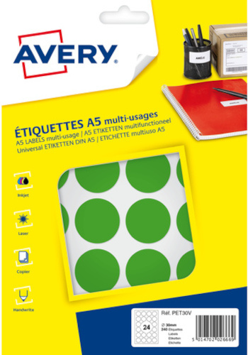 Avery etikety okrúhle 30 mm papier biele 240 ks