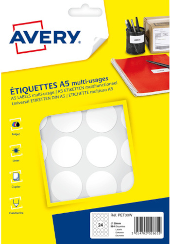 Avery etikety okrúhle 30 mm papierové biele 240 ks