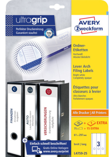 Avery chrbtové štítky na spisy Zweckform 29,7 x 61 mm biele 75 ks