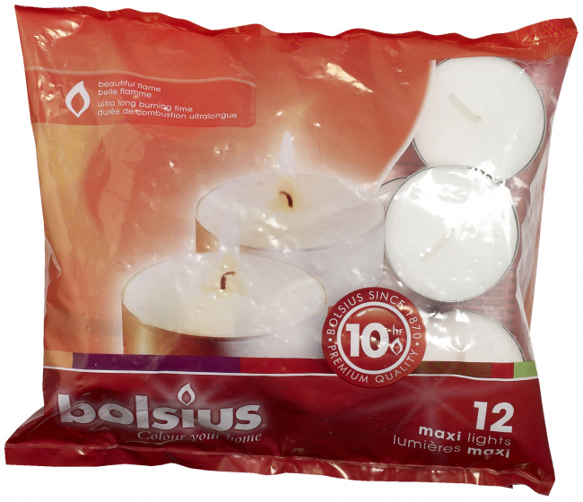 Bolsius čajové sviečky maxi 6 cm 10 hodín voskové biele 12 kusov