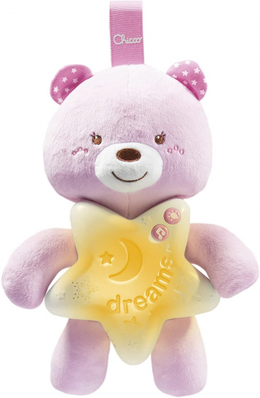 Chicco nočné svetlo so zvukom medveď junior 27 cm polyester ružový