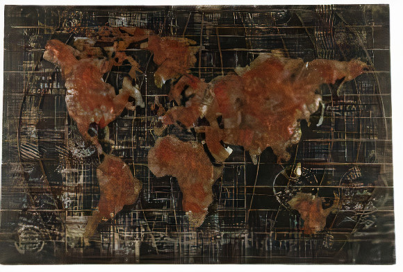 Non-Branded maľba mapa sveta 120 x 80 cm drevo/zinok hnedá