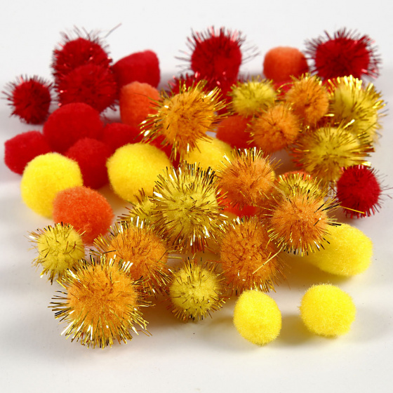 Creotime decoratiepompoms 15 20 mm rood/geel/oranje 48 stuks