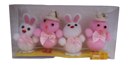 Deco paaskuikens 5 x 3 cm wit/roze 4 stuks