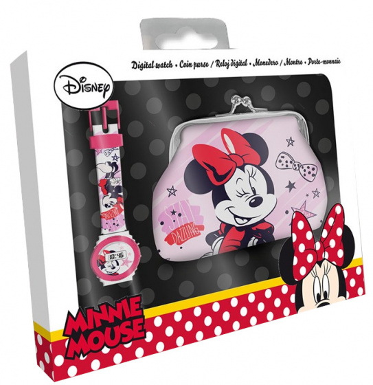Disney horloge en portemonnee minnie mouse 22 cm roze 2 delig
