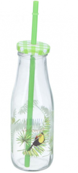 TOM fľaša na pitie so slamkou 400 ml sklenená zelená