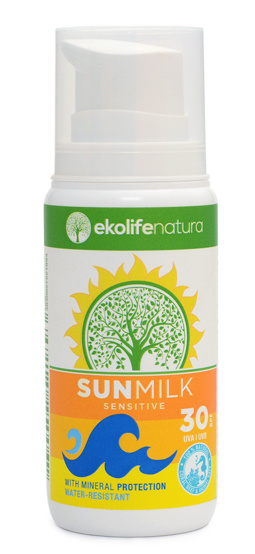 Ekolife Natura mlieko na opaľovanie Sensitive 100 ml SPF 30 biele