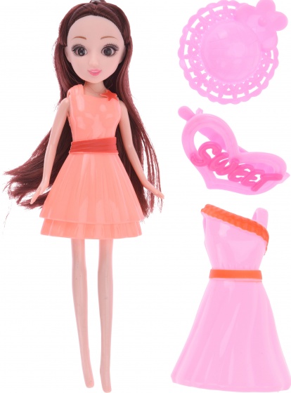 Free and Easy pop met extra jurk en acc. oranje/roze 23 cm 5 delig