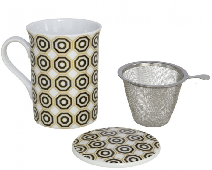 Gerimport hrnček so sitkom na čaj 280 ml porcelán žlto/biely 3-diel