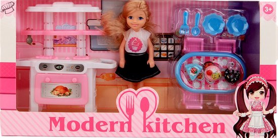 Jonotoys tienerpop modern kitchen blond 15 cm roze 11 delig