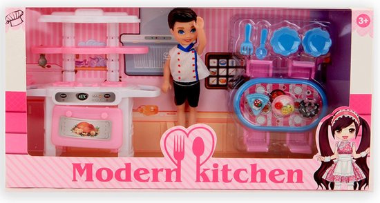 Jonotoys tienerpop modern kitchen brunette 15 cm roze 11 delig
