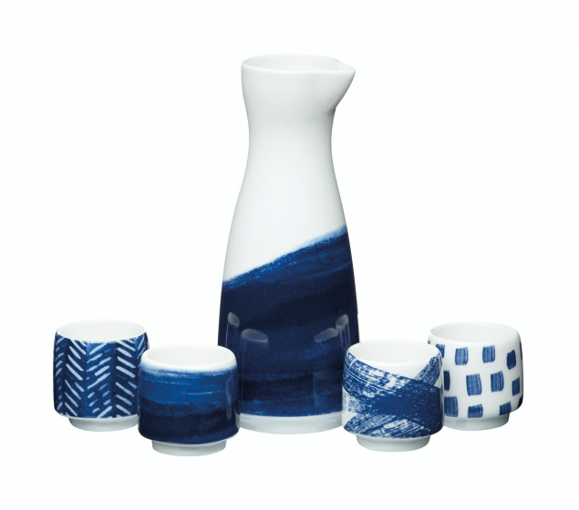 Súprava saké KitchenCraft 400 ml / 50 ml porcelánová modrá 5dielna