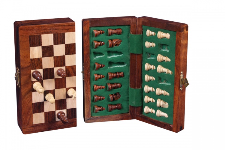 Longfield Games schaakset opvouwbaar 12,5 cm hout bruin/naturel