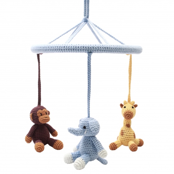 natureZOO mobiel (aap, olifant, giraffe) gehaakt jongens 24 cm blauw natureZOO mobiel (aap, olifant, giraffe) gehaakt jongens 24 cm blauw
