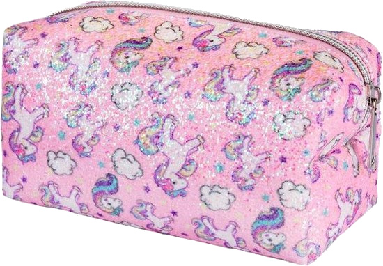 Nouka taštička na líčenie Unicorn trblietky 9 x 10 cm polyester ružová