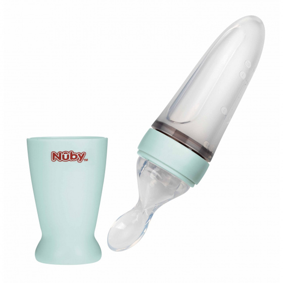 Nuby knijpfles met lepel 90 ml 23 cm siliconen groen 2 delig