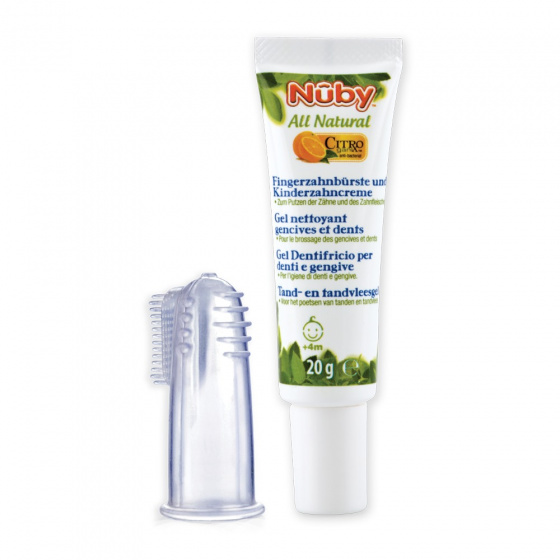 Nuby tandgel met vingertandenborstel junior 20 gram 2 delig Nuby tandgel met vingertandenborstel junior 20 gram 2 delig