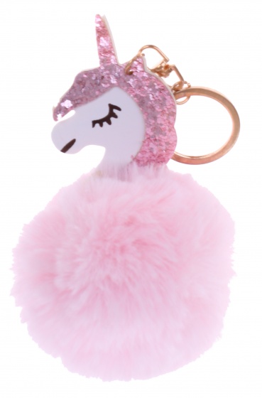 key ring fluffy unicorn 14 cm pink