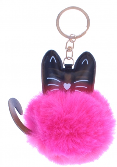 key ring fluffy cat 14 cm black/pink