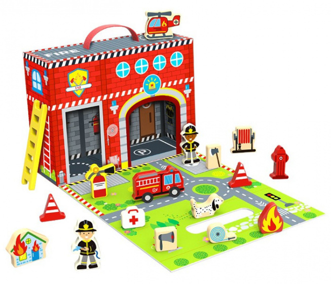 Tooky Toy domček pre bábiky hasičské drevo červené 3dielne