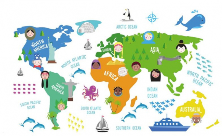 Walplus nálepka na stenu mapa sveta junior 60 x 90 cm pvc 27-diel