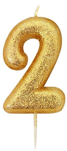 Witbaard číslo sviečka '2' 7 cm voskové trblietky zlatá