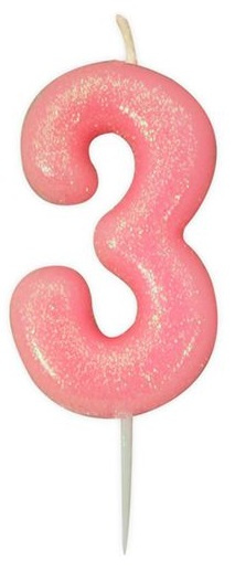 Witbaard číslo sviečka '3' 7 cm voskové trblietky ružové
