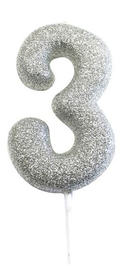 Witbaard číslo sviečka '3' 7 cm voskové trblietky strieborné